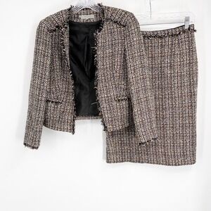 Hobbs London Jesse Multi Tweed Skirt Suit Set Fringe Trim Cotton Blend US 4 UK 8